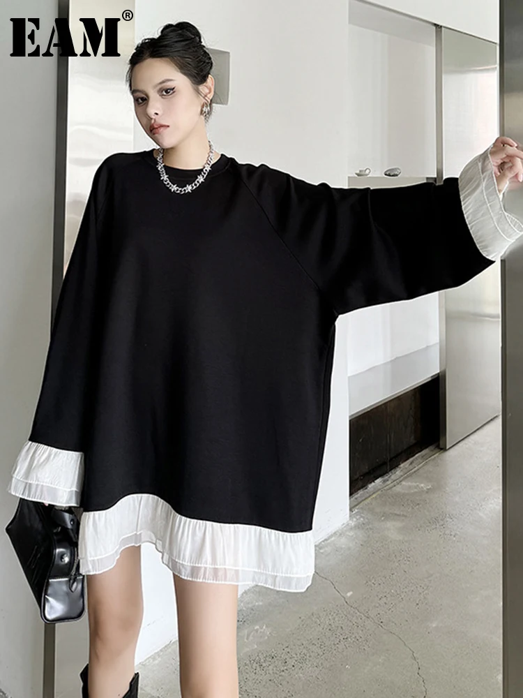 [EAM] Women Black Mesh Spliced Color-block Big Size Dress New Round Neck Long Sleeve Fashion Tide Spring Autumn 2024 1DH7273