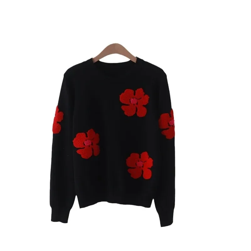 Versatile Floral Embroidered Long Sleeve Pullover Sweater with Flocking for Autumn Winter Outdoor Wear