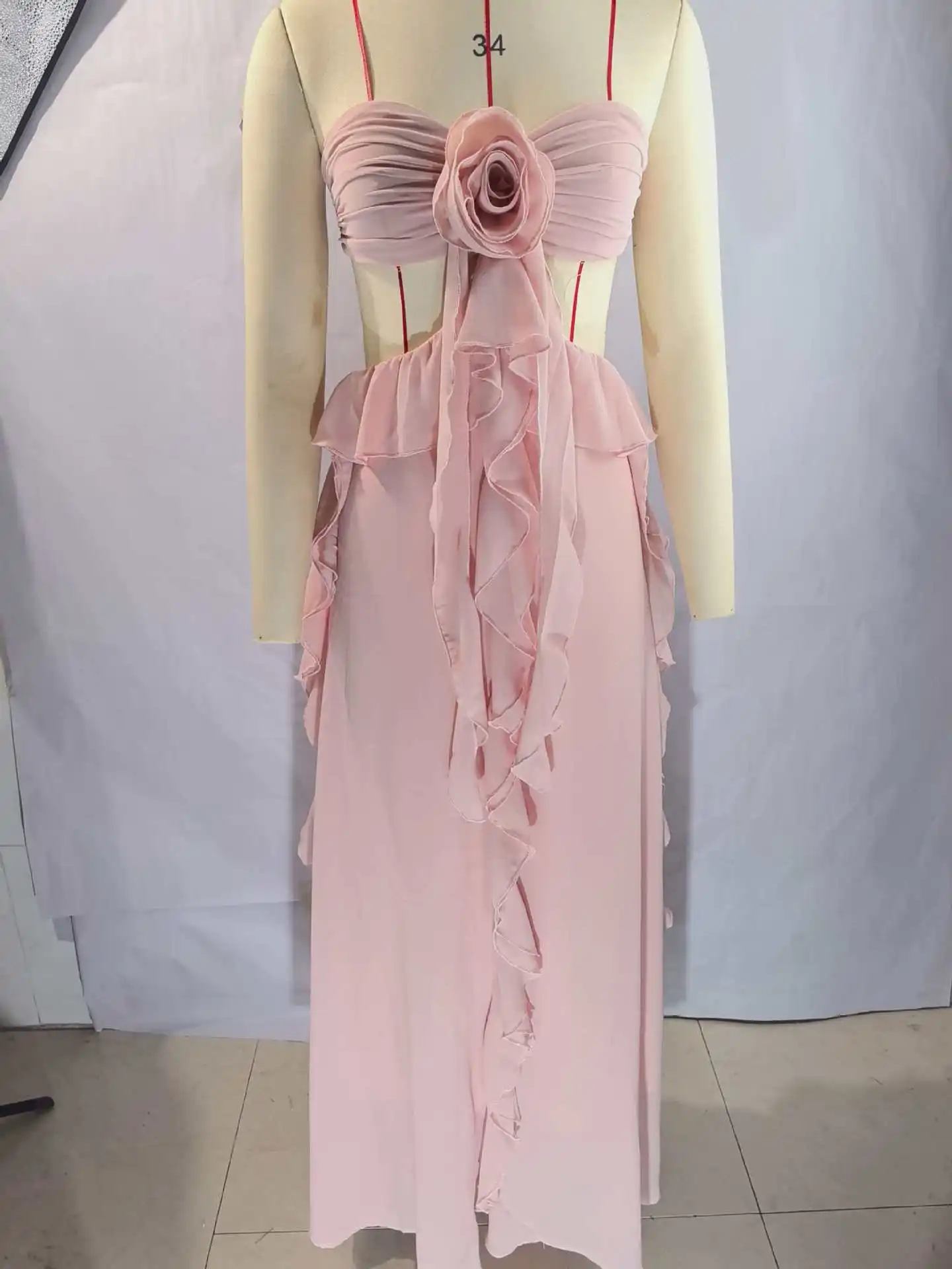 Sexy Backless Chiffon Tie Ruffled Maxi Dress, Sheer Women's Dresses, Bodycon Jumpsuit Playsuit view 6
