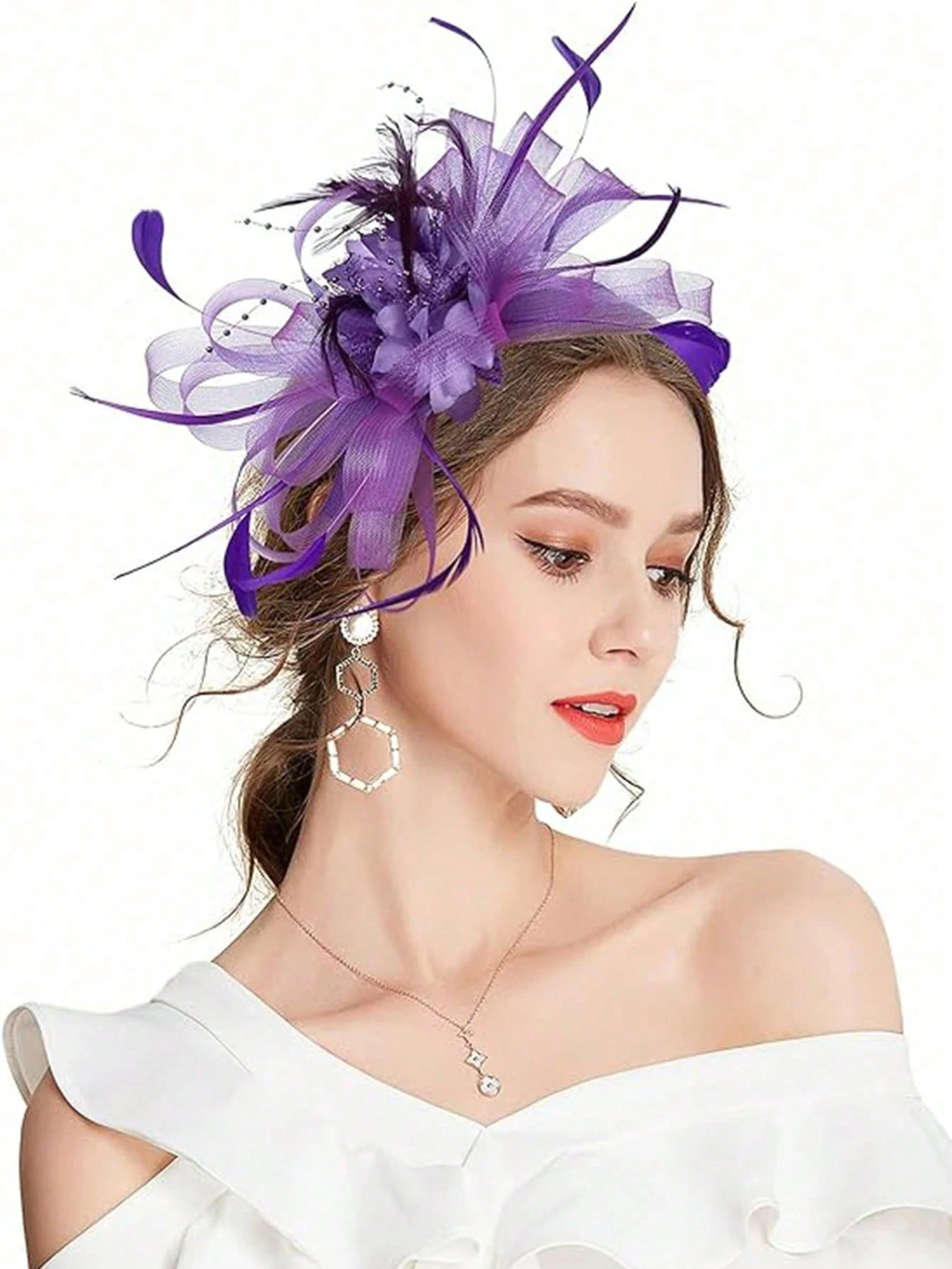 Vintage Three-Dimensional Ruffled Mesh Feather Hair Accessory, Purple Rhinestone Flower Fascinator, Women's Evening Photo Shoot Hair Ornament