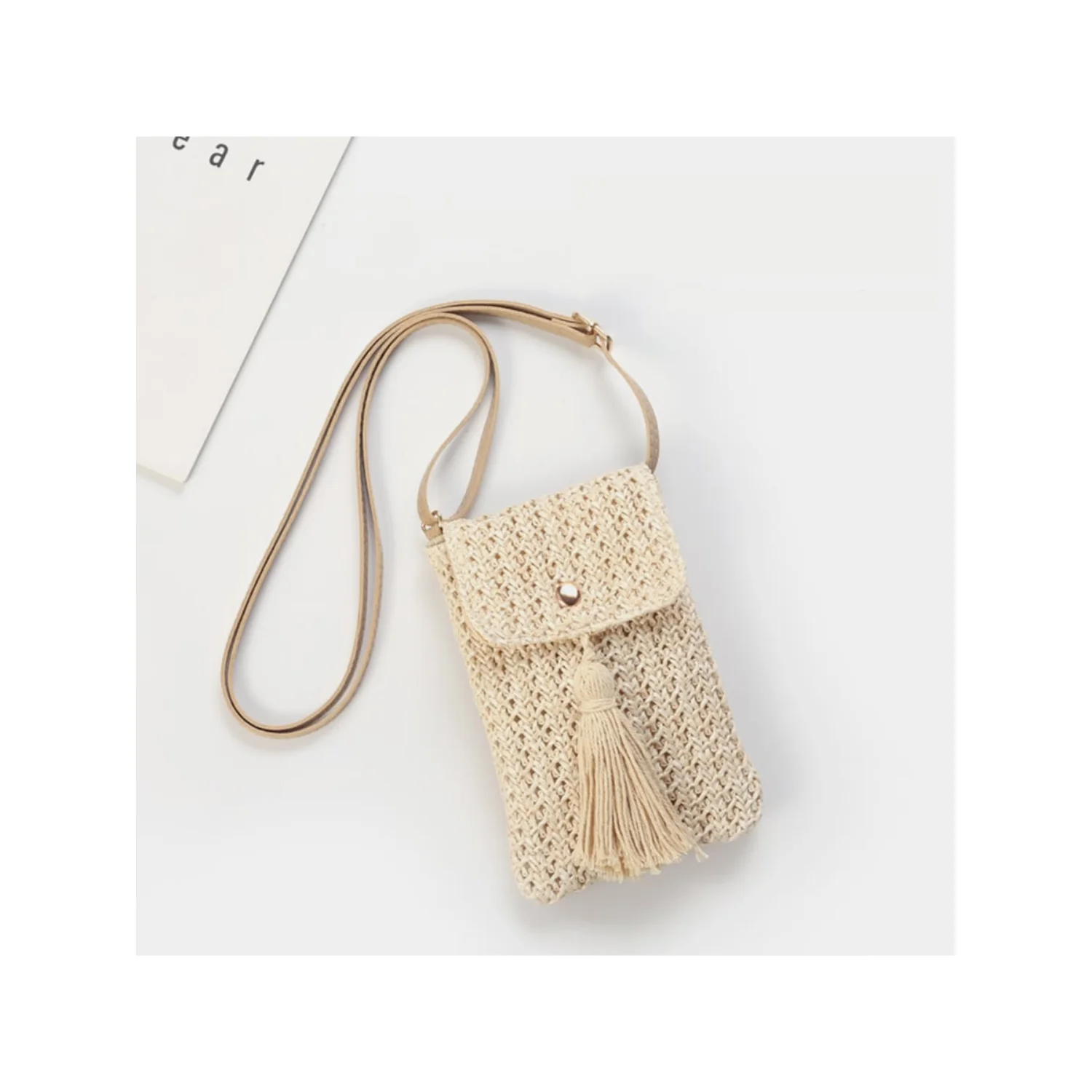 

New Summer Arrival Women's Fringed Mini Phone One Shoulder Crossbody Bag For Beach Travel, Solid Color Woven Straw Bag, Summer ,