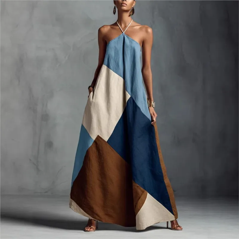 Vestido largo de verano para mujer, estilo color block, patchwork, holgado, sin mangas, con cuello halter, moderno, informal, con bolsillos.