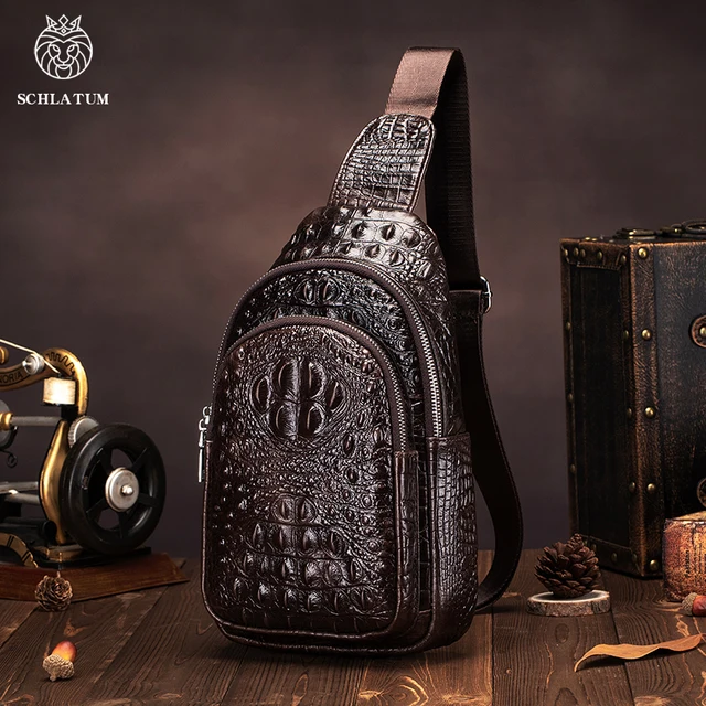 SCHLATUM męska prawdziwej skóry vintage wzór krokodyla torba na klatkę piersiowa luksusowa męska torba podróżna typu crossbody wielofunkcyjne torby na ramię