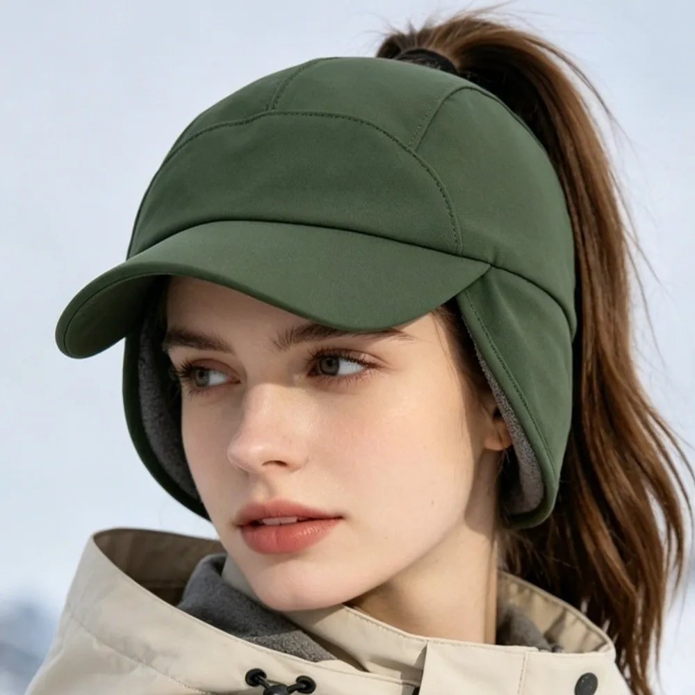Warm Ear Flap Baseball Cap Adjustable Snapback Ear Protection Windproof Running Hat Ponytail Opening Thickened Fleece