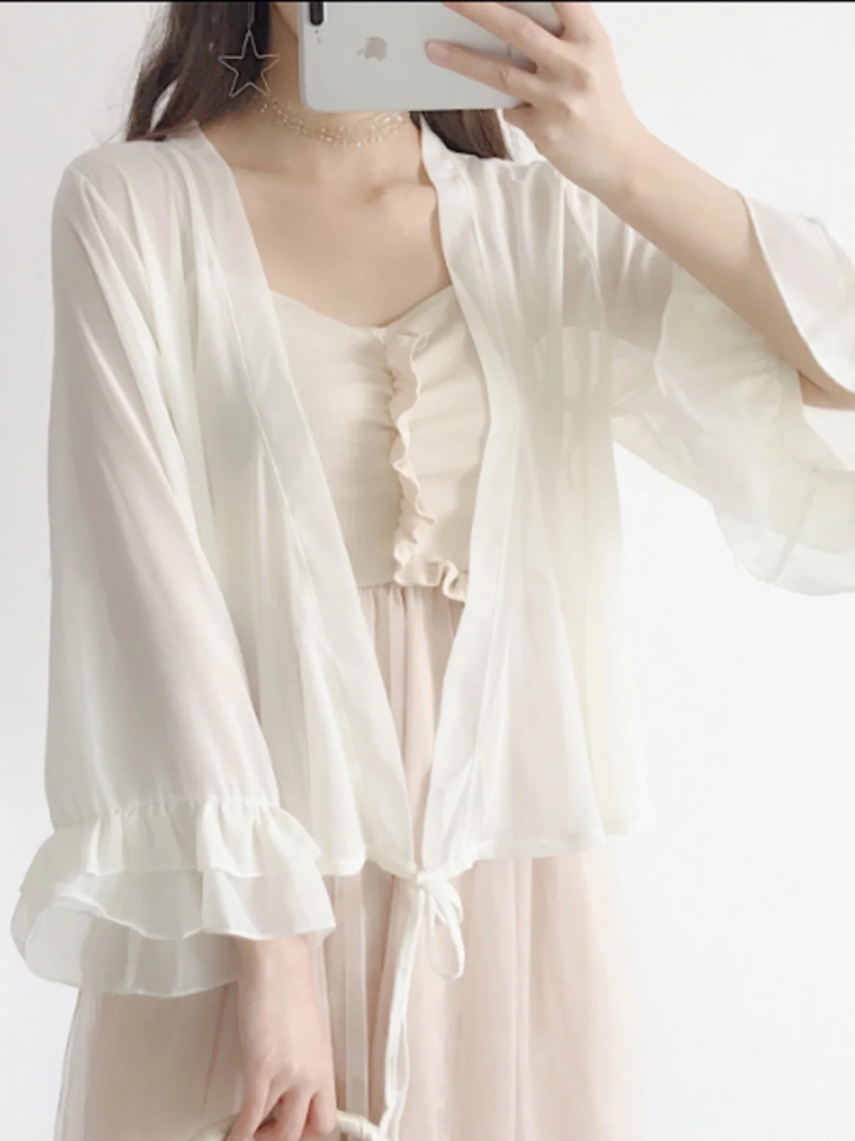 화이트 쉬폰 오픈 가디건 여성용 얇은 여름 커버업 레이스 탑 긴 벨 슬리브 스위트 스타일 대학 패션