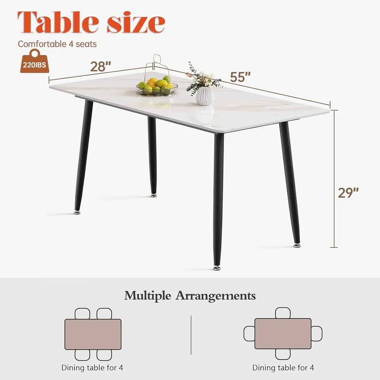 Dining Table with Marble Sintered Stone Table Top and Metal Legs,White 55