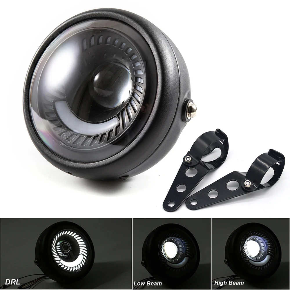 Motorcycle 6.5inch Round Vintage Led Front Headlight Angel Eyes DRL Driving Lamp For Retro Harley Series Motorcycle Cafe Racer