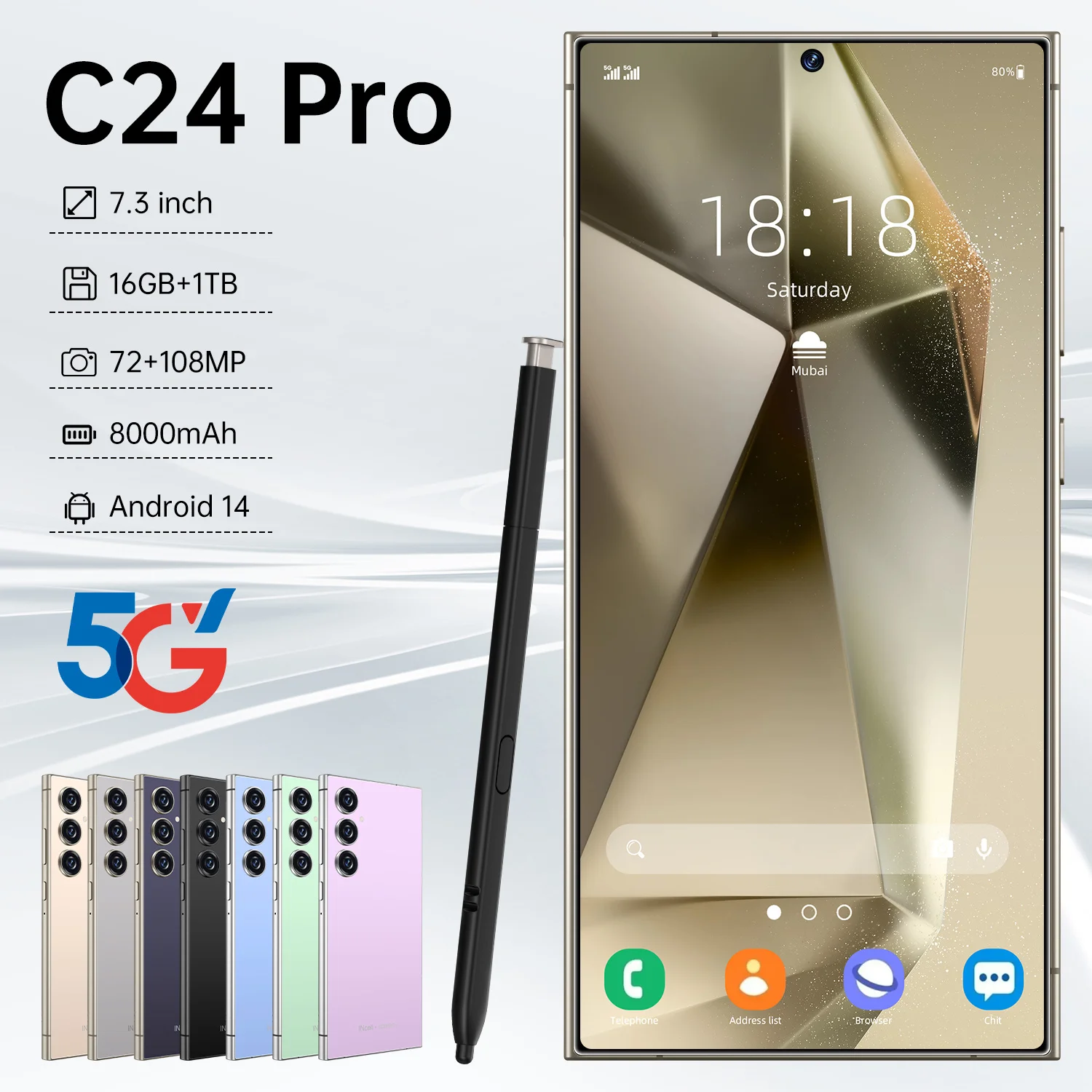 【World premiere】C24 Pro 5G Smartphone 7.3'' HD+ IPS 120Hz 22GB+2TB 108MP Snapdragon 8 Gen3 Android 14 Mobile Phone Celulares