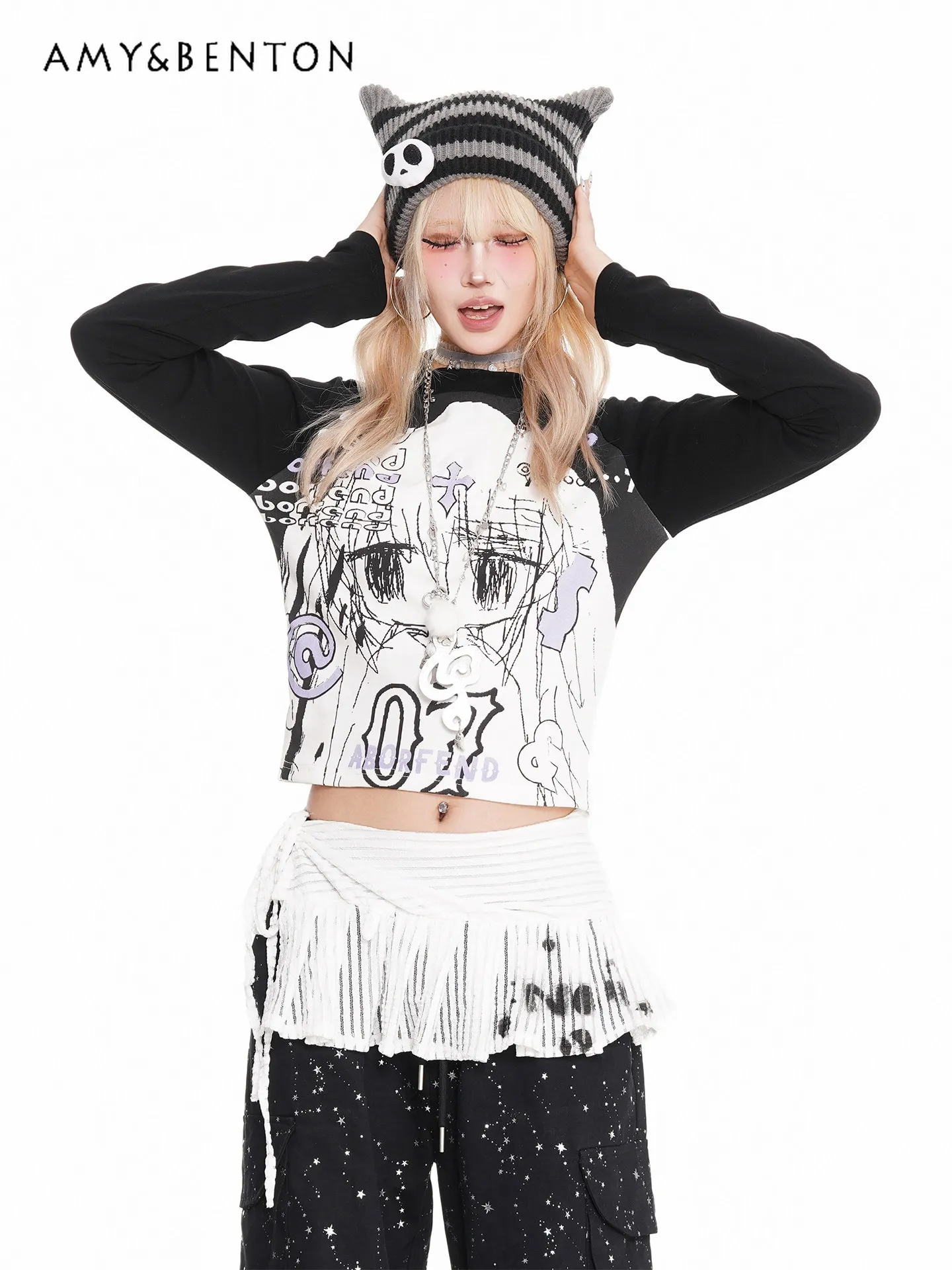 

Spring Autumn New Japanese Style Women's Cartoon Animation Pattern Half Turtleneck Black White Slim Short Long Sleeve T-Shirt