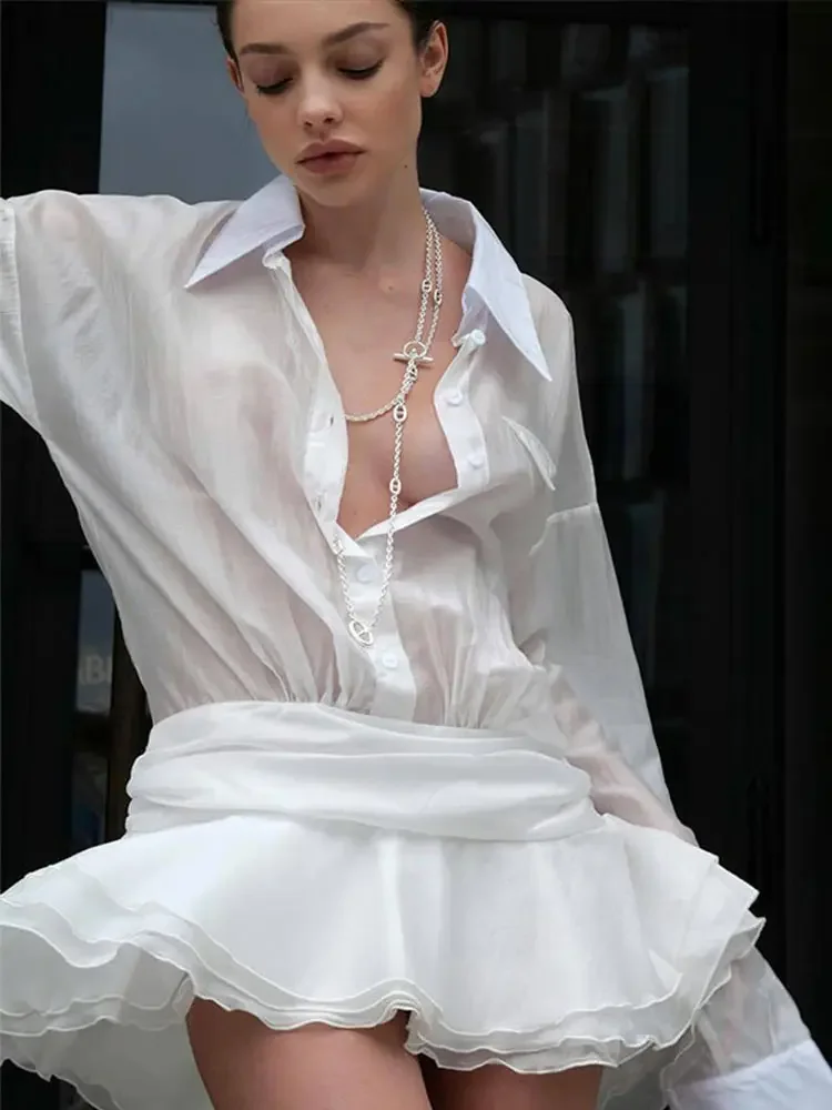 

Elegant Ruffle Skirt Top Set Women Solid Single Breasted Lapel Lady Blouse Pleated Mini Skirt Women See Through Female Suit