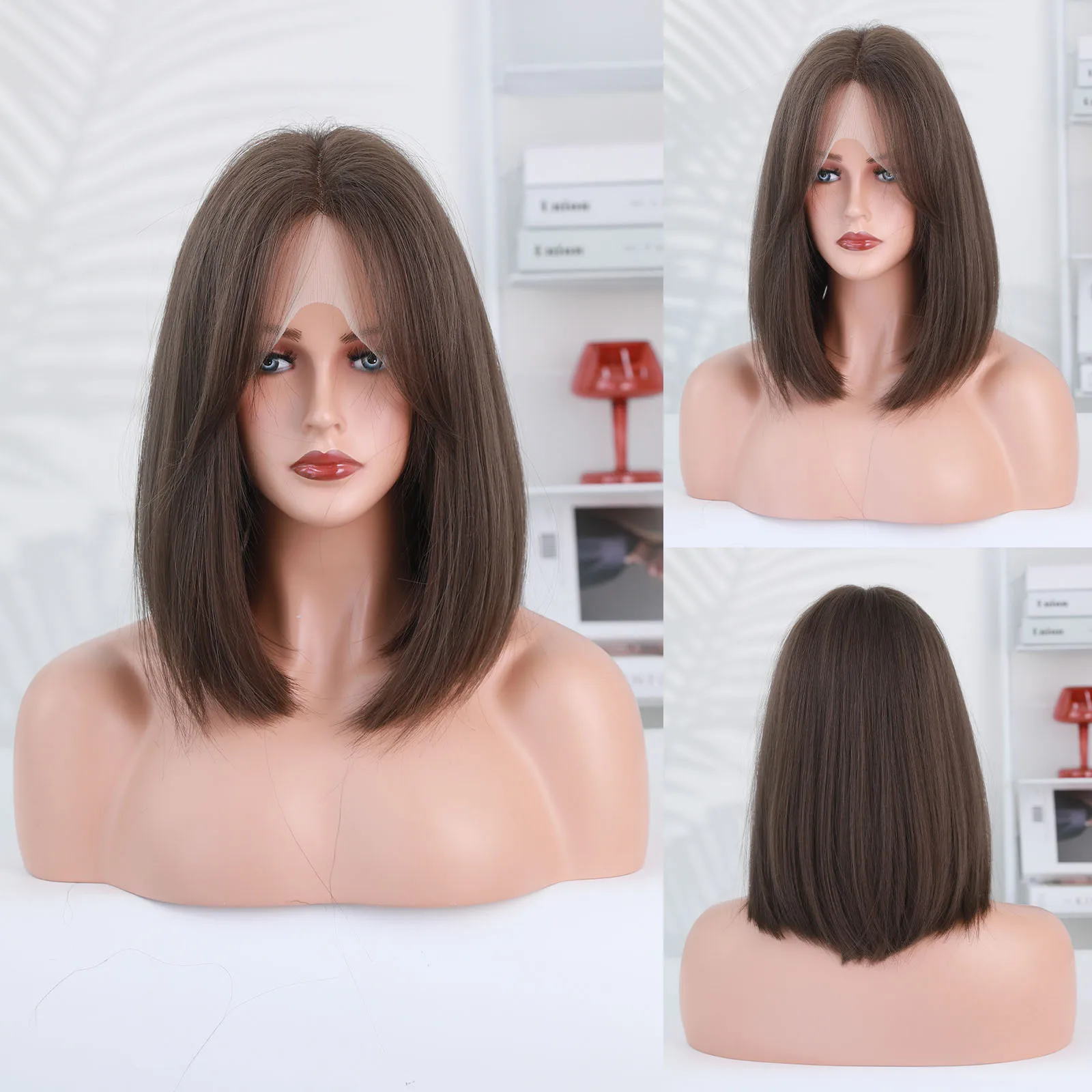 Wave Head Grey Rice Dumpling Gradient Short Straight Hair BoB Wig Small T Front Lace Short Hair Chemical Fiber Head Cover