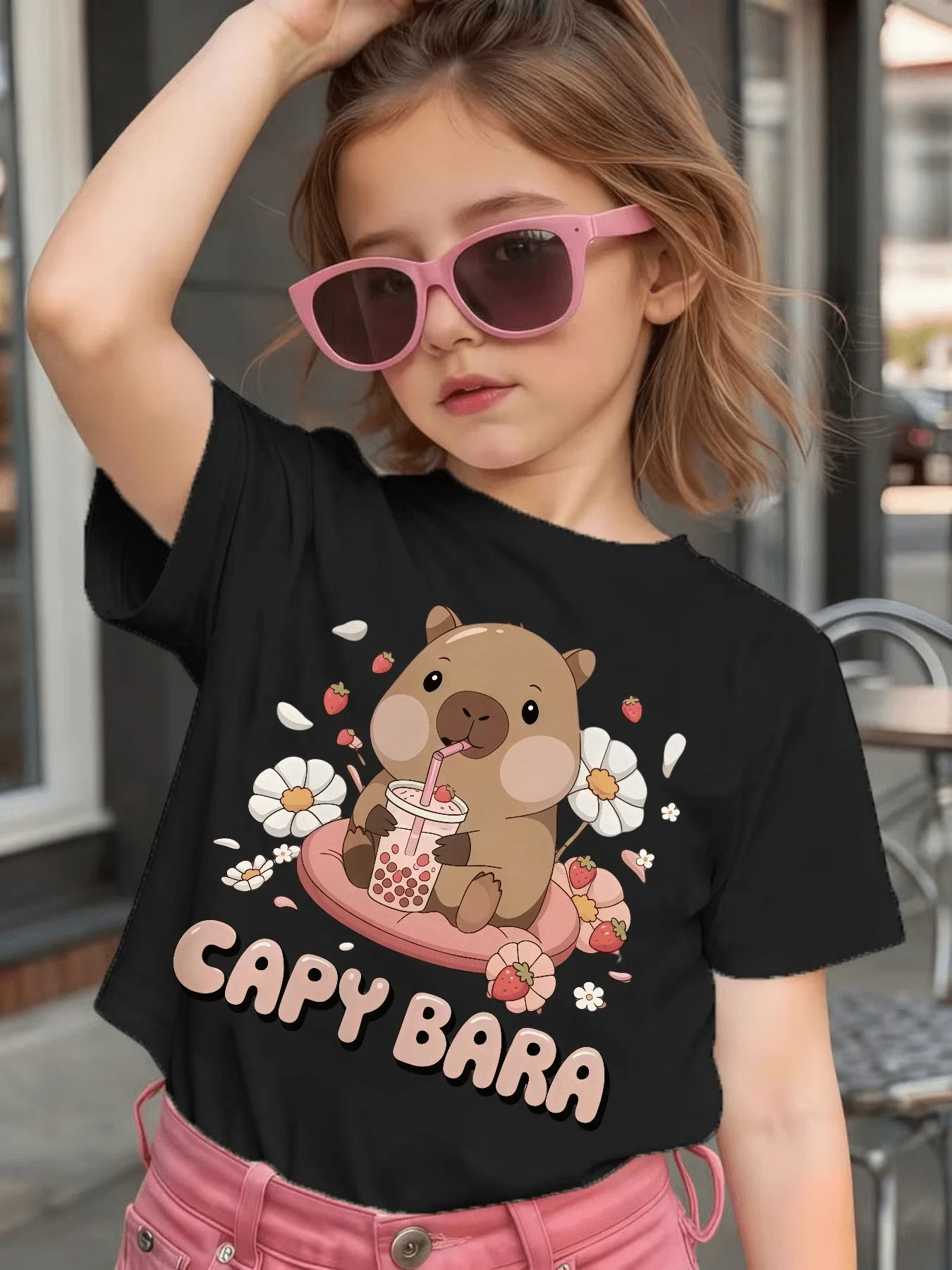 Strawberry Floral Bubble Tea Capybara Kids T Shirt Boys Girls Family Match Cotton Short Sleeve Summer Children Casual Basic Wear