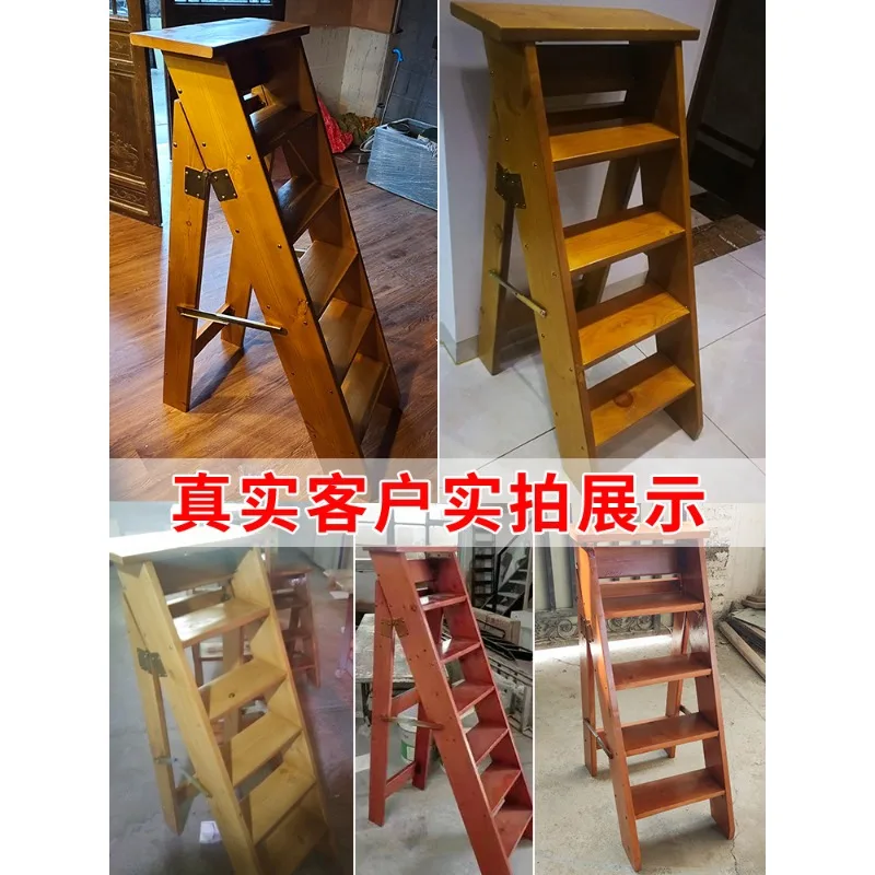Solid wood thickened herringbone ladder home folding climbing ladder balcony flower stand multi-functional
