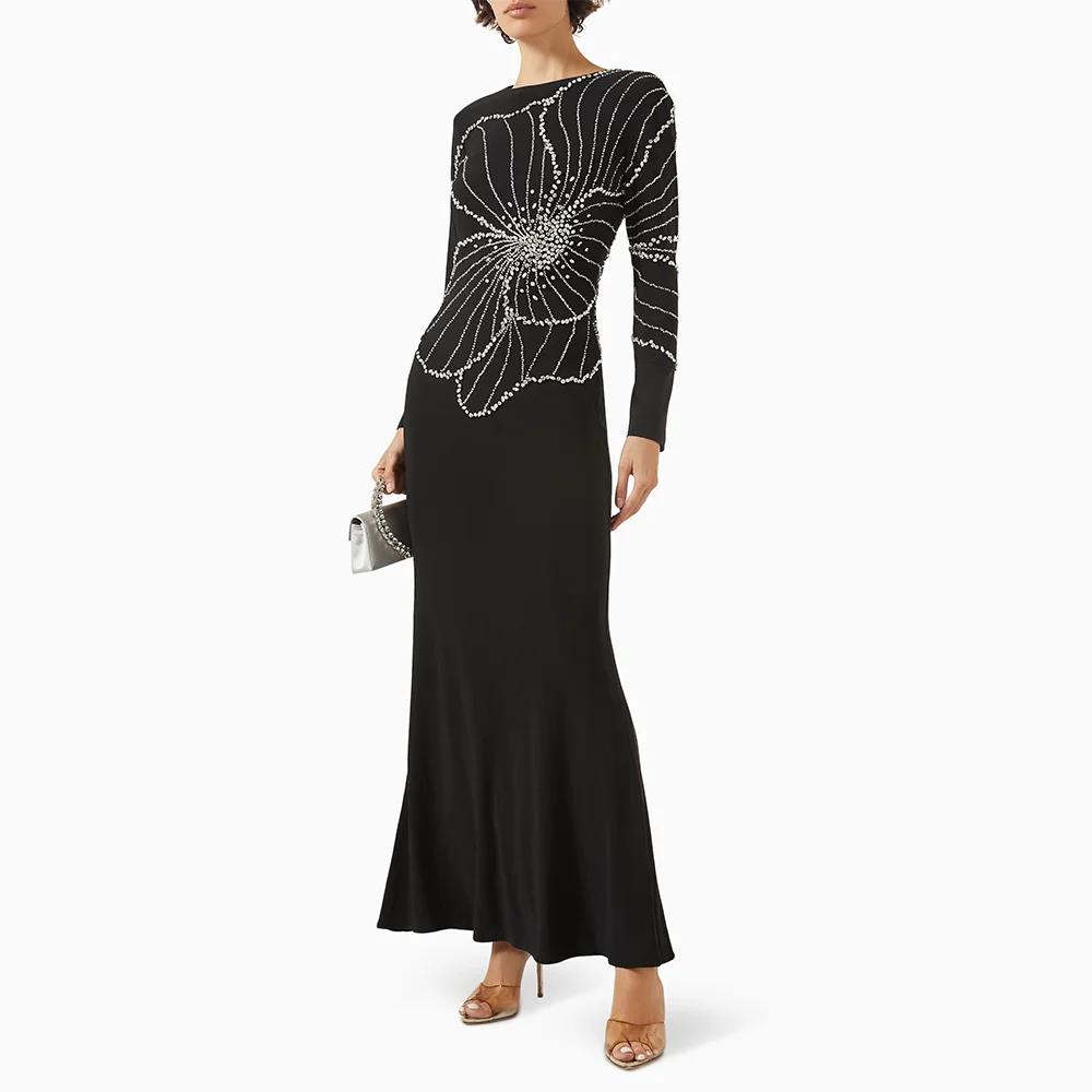 Personalizado preto barco pescoço vestidos de noite longos elegante ocasião formal vestidos de baile grânulo cristal tornozelo comprimento vestidos de baile