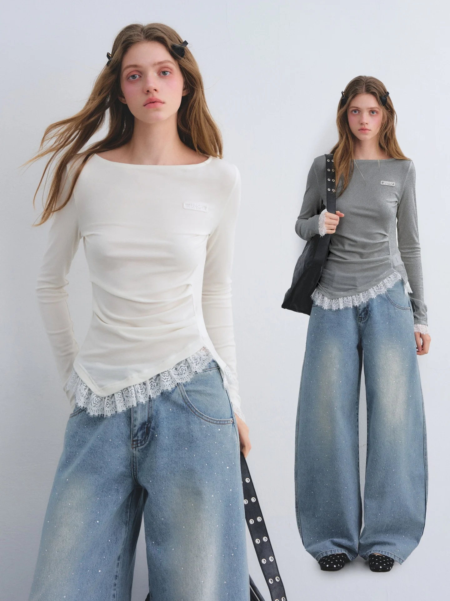 

AsGony Lace Panel Slim Fit Long Sve round Ne T-irt White Casual Sle Versatile Universal Size Asymmetric Hem Top