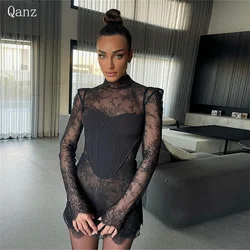 Qanz moderno collo alto nero abiti da ballo maniche lunghe personalizzato compleanno di lusso corsetto abito corto mini sirena Robes De Soirée