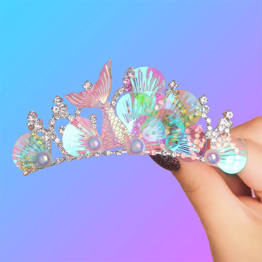 Iridescent Rhinestone Tiara Hair Fork Marine Theme Headband Sparkly Large Crown Holiday Event Styling Bling Gem Head Ornaments
