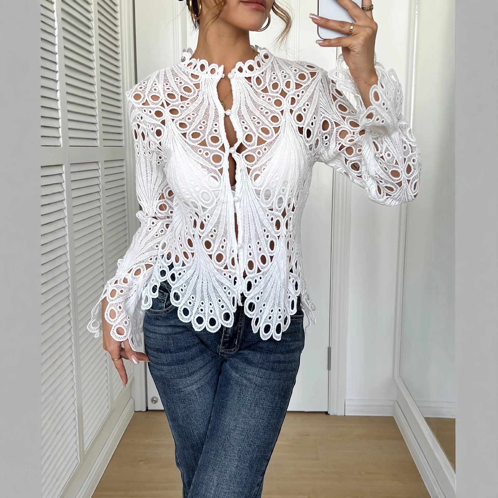 2026 New Women Blouse Fashionable Long Sleeve Lace Hollow Out Tops Spring Summer Elegant O-Neck Shirt