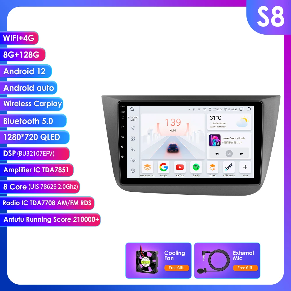 Android 14 Draadloze Carplay Autoradio voor Seat Altea 2004 - 2015 Toledo 2004 - 2009 Multimedia Speler 2Din 360 Camera Autoradio DSP RDS Bluetooth Head Unit