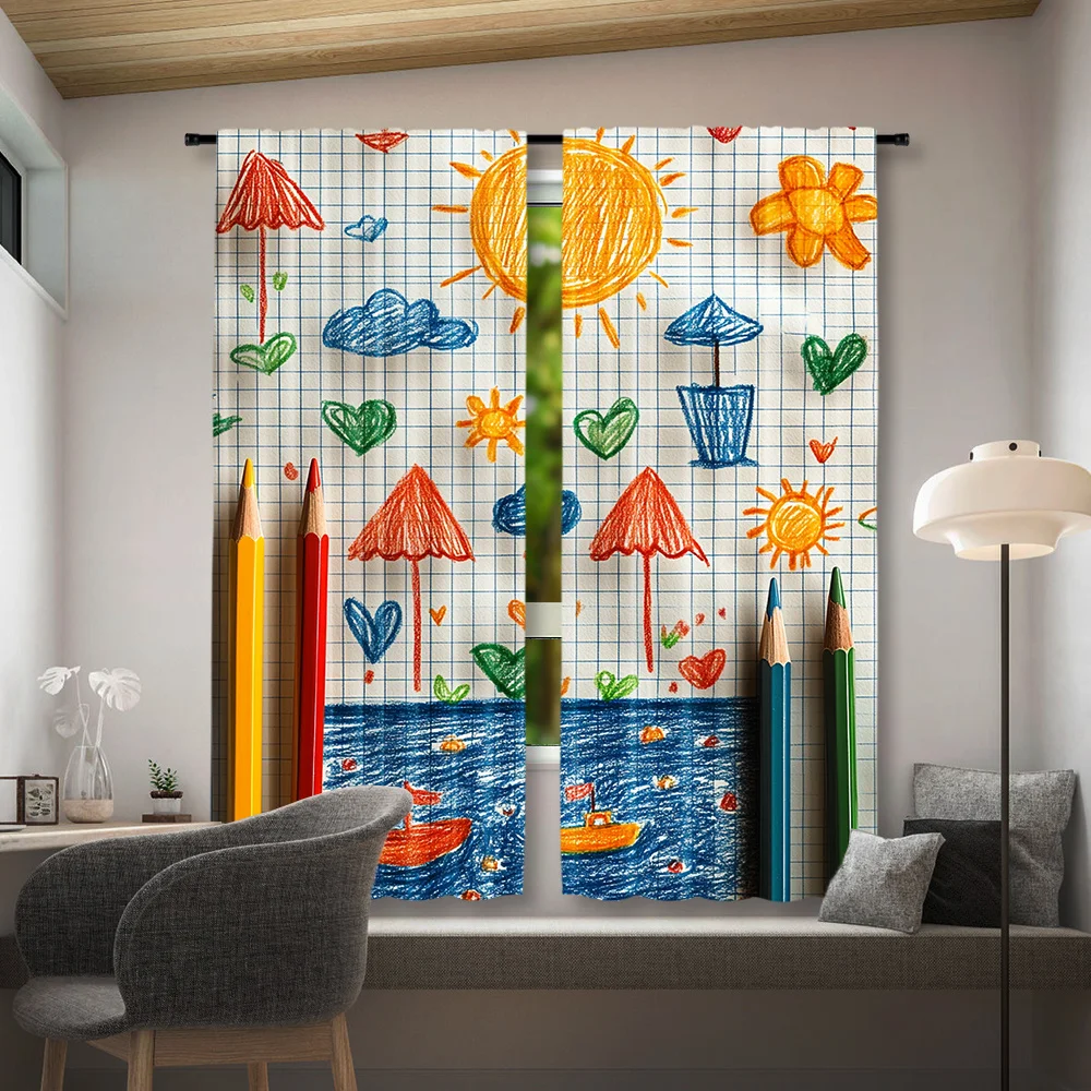 Colorful Crayon Sketch Window Curtain 2 Panels, Cute Pencil Sun Ship Umbrella Print Soft Grid Tone Bedroom Home Decor Curtain