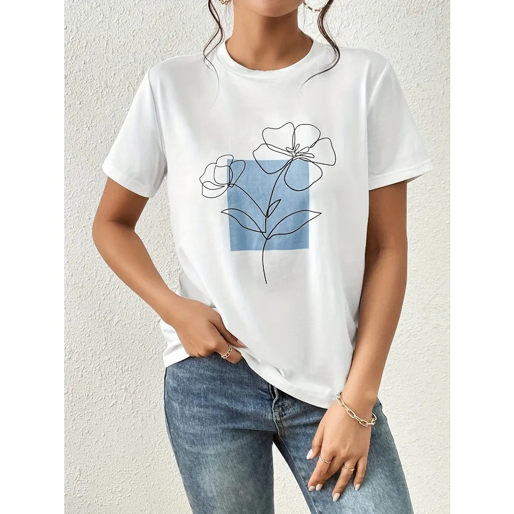 Floral Print Short Sleeve Round Neck T-Shirt  inimalist Fresh And Stylish Simple Design Showing Natural Elegant Style Trendy ﻿