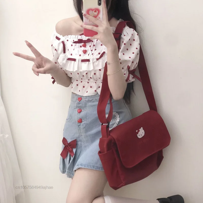 Sanrio Hello Kitty Bags Japan College Style Red Shoulder Bag Y2k Girl Cute Messenger Bag Women Luxury Design High Capacity Tote