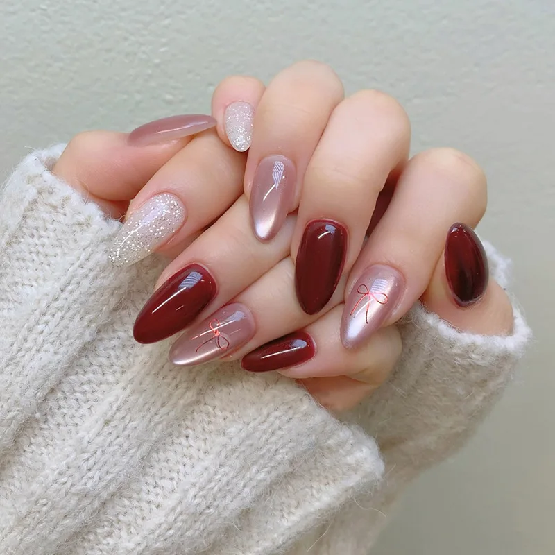 

24Pcs Handmade Press on Nails Cat's Eye Glitter Bow Full Coverage Nail Tips for Women&Girl Short Almond Removable Wearable Nail