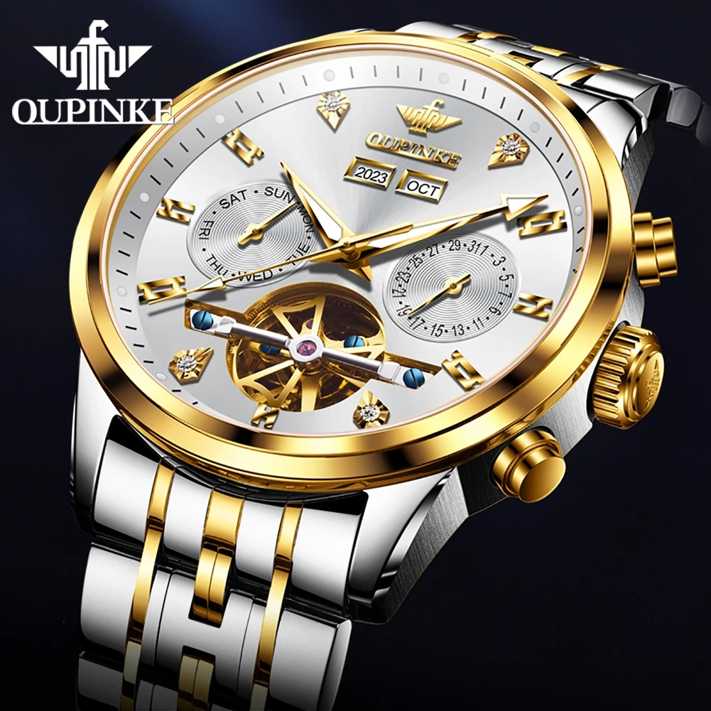 

OUPINKE Automatic Watch for Men Original Luxury Mechanical Sapphire Fashion Waterproof Skeleton Stainless Steel Wristwatches Man
