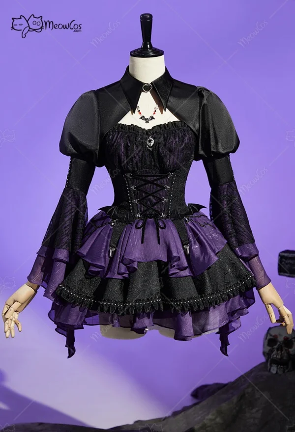 

MEOWCOS Gothic Black Purple Corset Skirt Set Lace-up Corset and Layered Skirt with Cover-up Halloween Cosplay Costumes