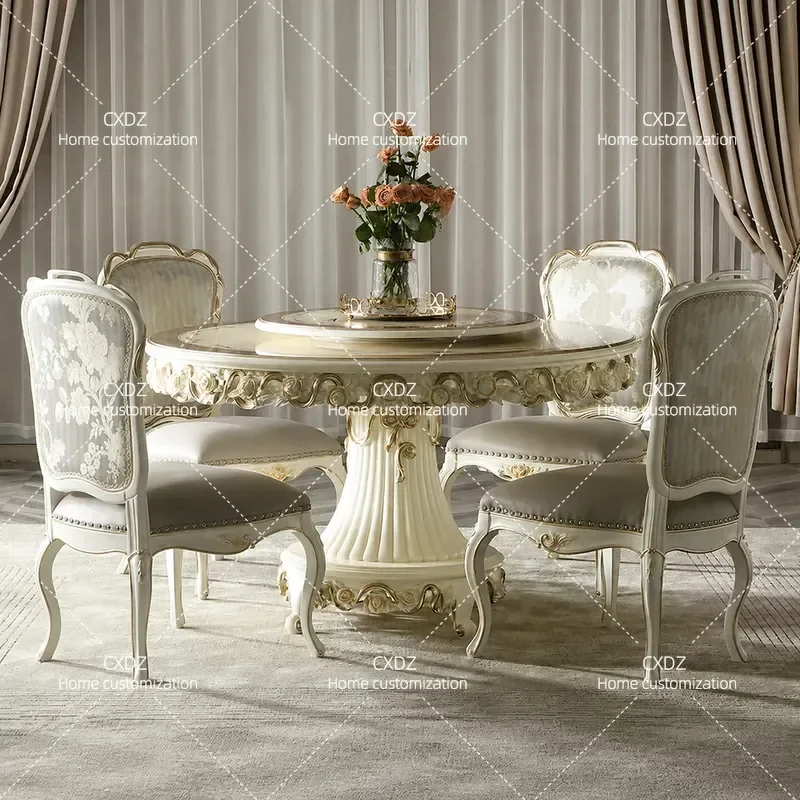 1.4M Round Dining Table and Chairs Set European Style Beech Wood Pearlescent White with Turntable Modern Home Furniture