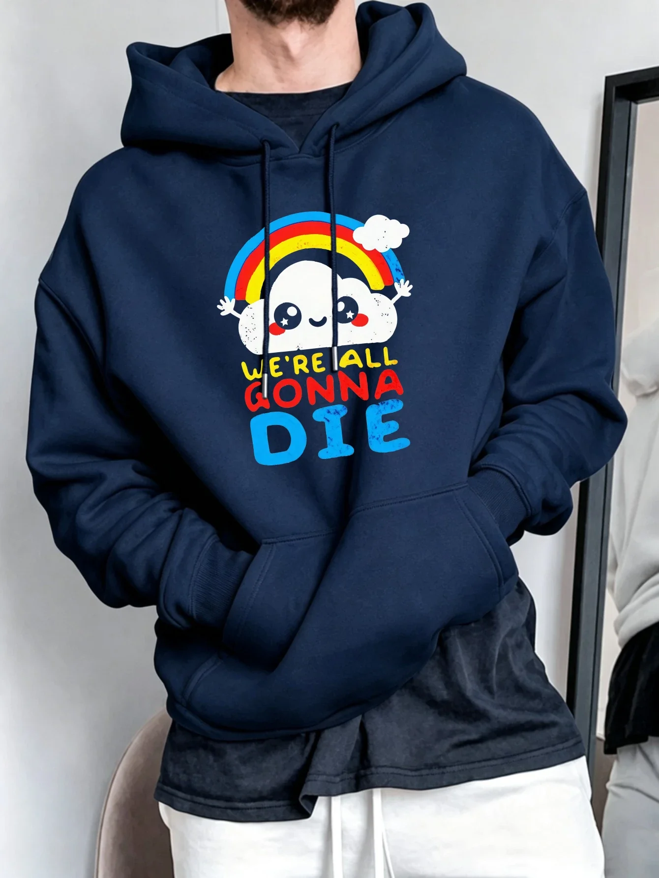 Men's Cute Rainbow Cloud Cartoon Front Print Hoodie Dark Humor Streetwear Unisex Oversized Autumn Pullover