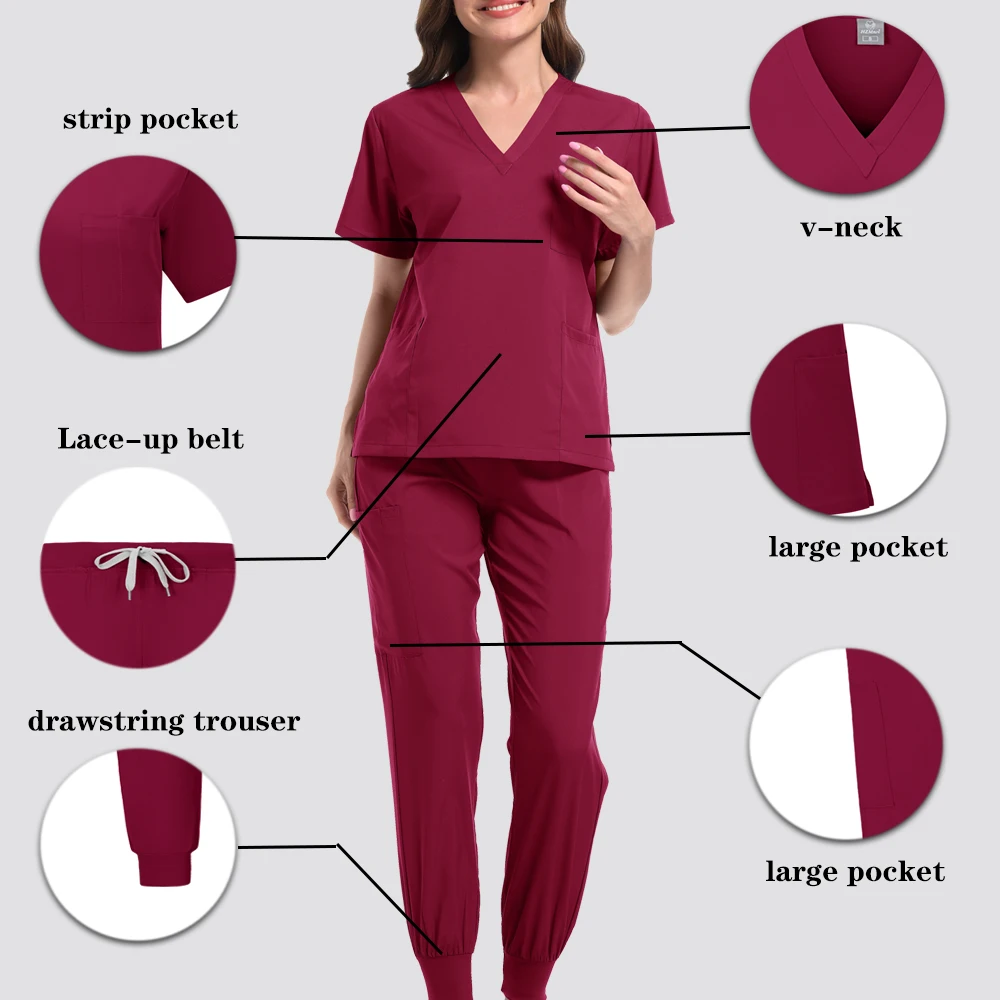 Stretch Scrub Set Medical Uniform Health Service Scrub Tops with Pocket Pants Beauty Salon Workwear Surgery Doctor Nurse Uniform