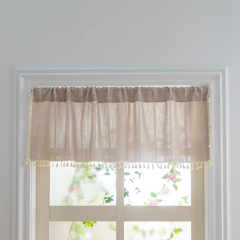 Rod Pocket Striped Embroidered Short Curtains Semi-Shading Curtain for Kitchen Bedroom Soft Skin-Friendly Fabric Window Drapes