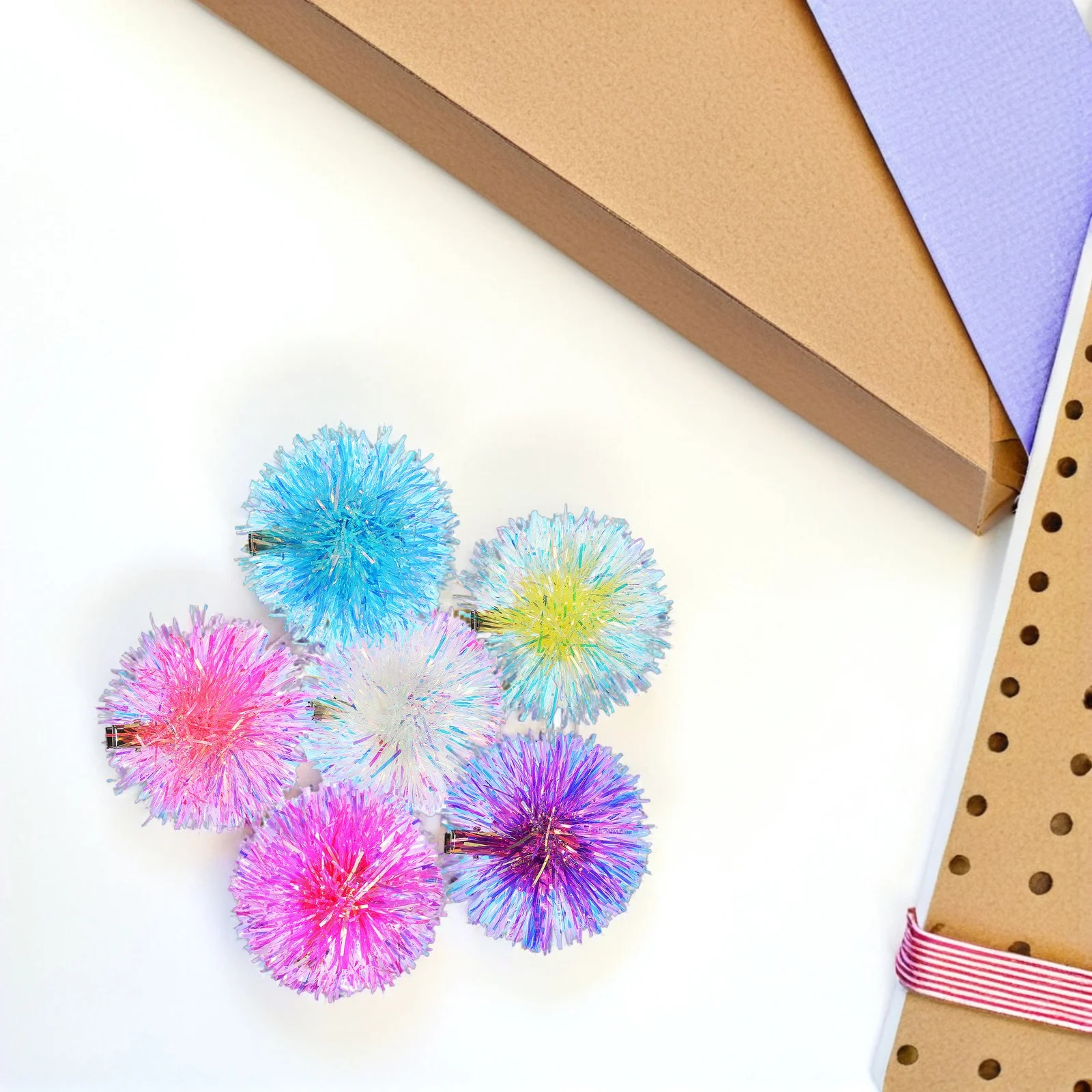 6 قطع من مشابك الشعر الملونة المصنوعة من رقائق البوم بوم بوم، مشابك خفيفة الوزن لامعة للنساء، تصميم شعر سميك وديكور الحفلات