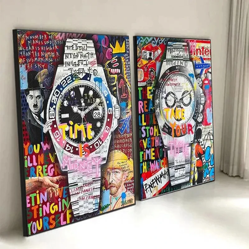 Wall Art Watch Pop Art Posters and Prints Time Is Money Watch Motivational Canvas Painting Street Graffiti Mural for Home Decor