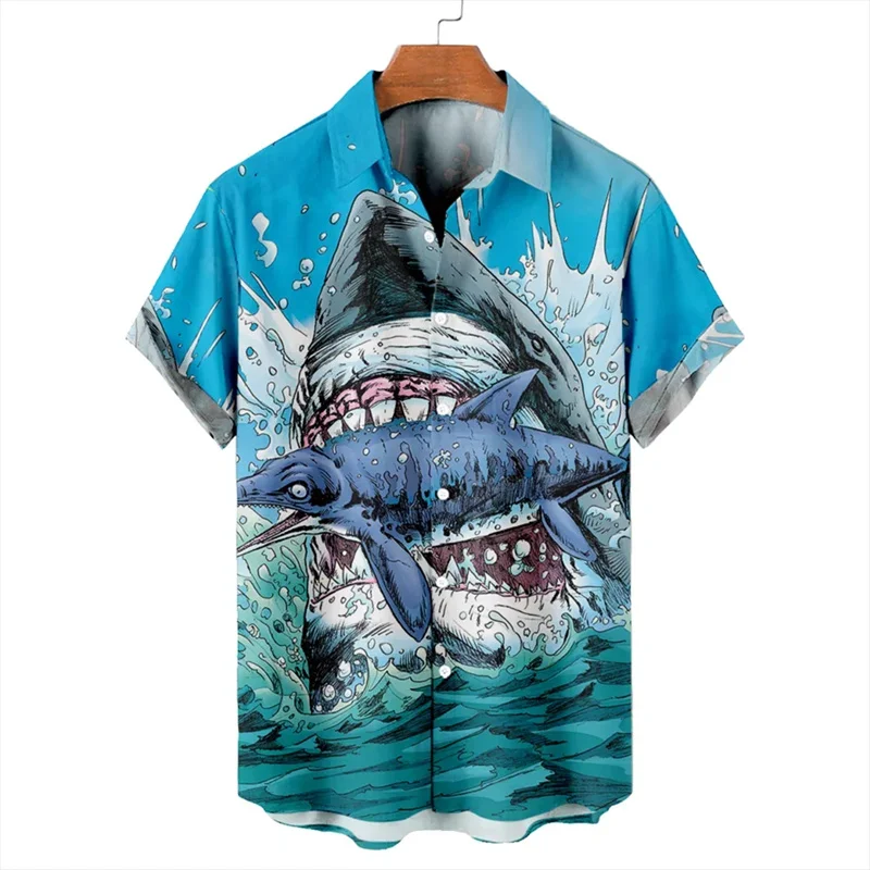 Funny Shark 3D Printed Hawaiian Shirt Men Casual Fashion Short Sleeves Streetwear Oversized Button Lapel Blouse Women Clothing