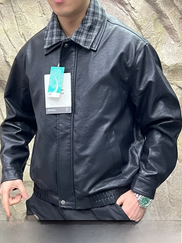 

Thiened Faux Leather Jaet Men's Faion Motorcycle Sle Collar Flip Winter Coat Stand Fit Long Sve Zipper