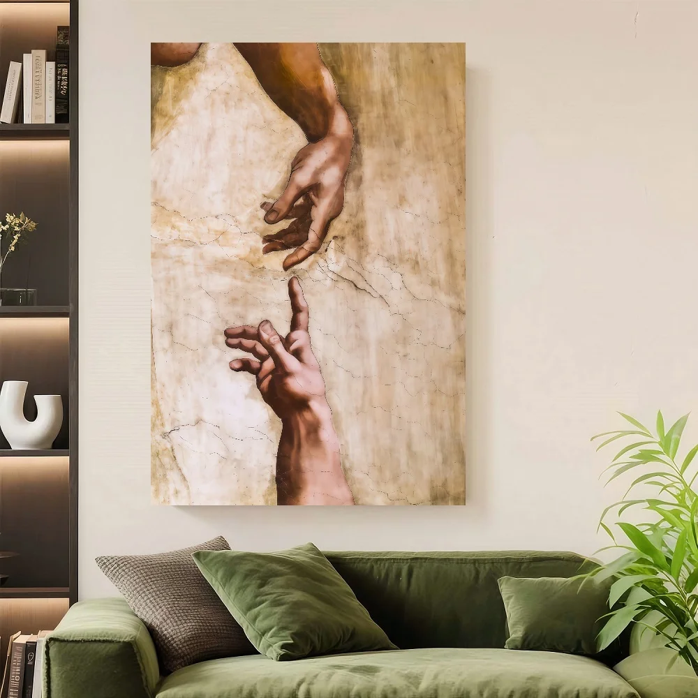 Impresión en lienzo de la Creación de Adán de Miguel Ángel, minimalista y moderna, en 2D, con marco, 1 pieza - Mural de pared Art Deco en beige y marrón