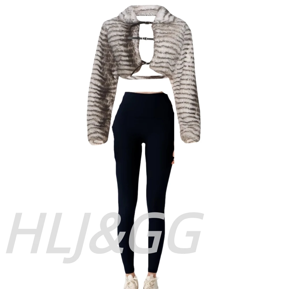 HLJ&GG 秋冬新作 ファー ホロー ジャケット ツーピースセット レディース 長袖 クロップトップ スキニーパンツ セットアップ ファッション ストリートウェア