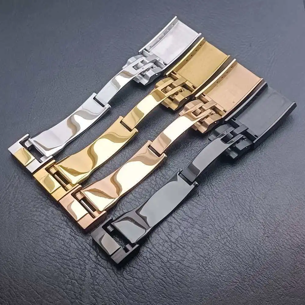 مشبك ساعة عالي الجودة 16 مم من الفولاذ المقاوم للصدأ المصقول بزر سحب مزدوج 9 مم ملحقات حزام ساعة قابل للتعديل