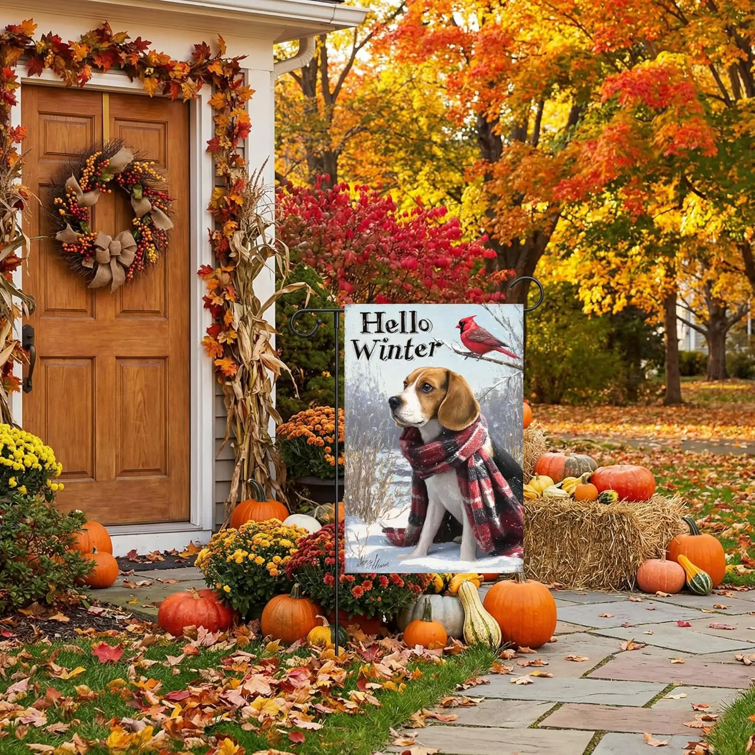 Hello Winter Beagle Garden Flag 12x18 Vertical Double Sided Farmhouse Welcome Christmas Cardinal Holiday Outside Decorations uui