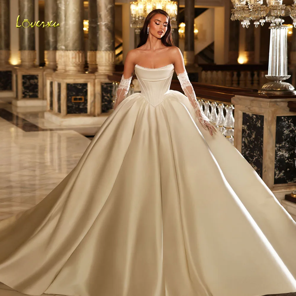Loverxu A-Line Vintage Wedding Dresses Strapless Vestido De Novia Lace Beaded Court Train Matte Satin Custom Made Bridal Gowns