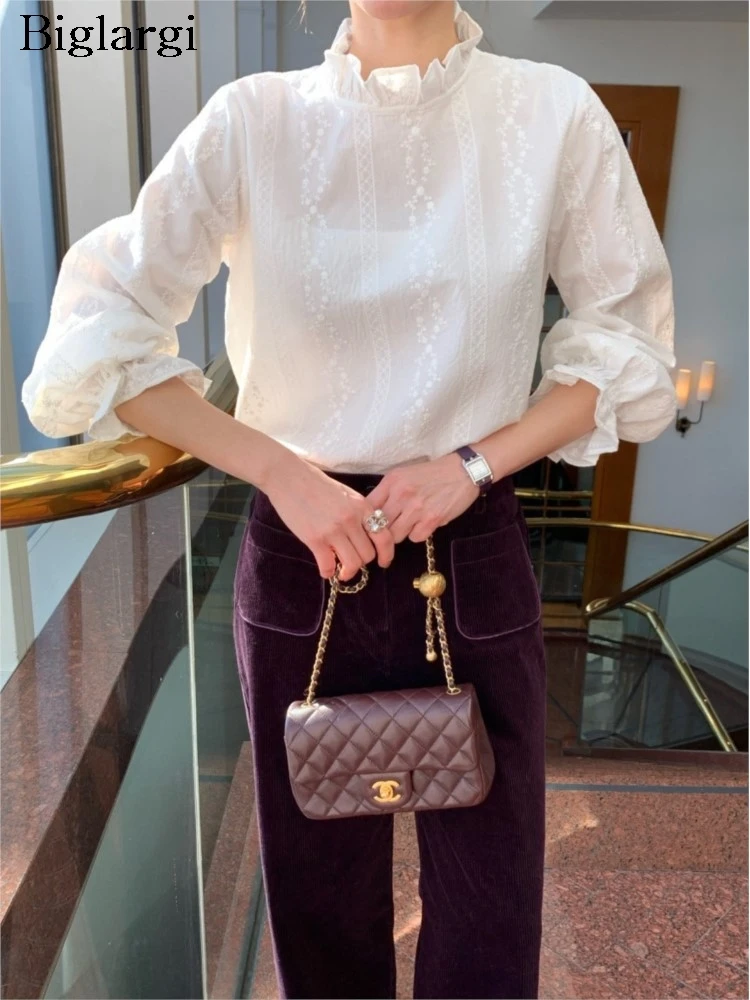 

Spring Summer Long Sleeve Blouse Women New Fashion Embroidery Flower Blouses Ladies Tops Elegant Ruffle Woman Blouse 2026