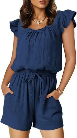 Sleeveless Square Neckline Jumpsuit Ruched Drawstring Waist Romper Capri Shorts Jumpsuit Lightweight Solid Casual Jumpsuit