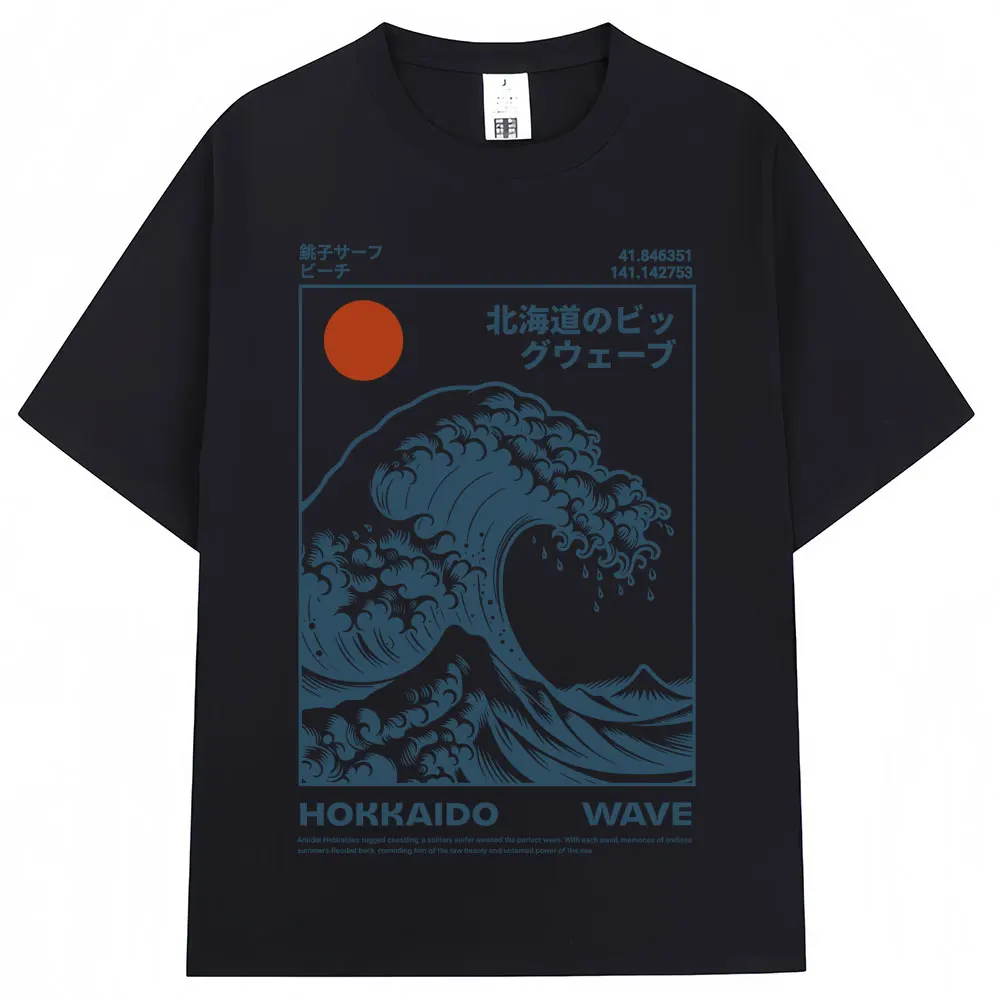 Style japonais Hokkaido vague Vintage T-shirt hommes femmes Harajuku mode haute qualité t-shirts surdimensionné été T-shirt
