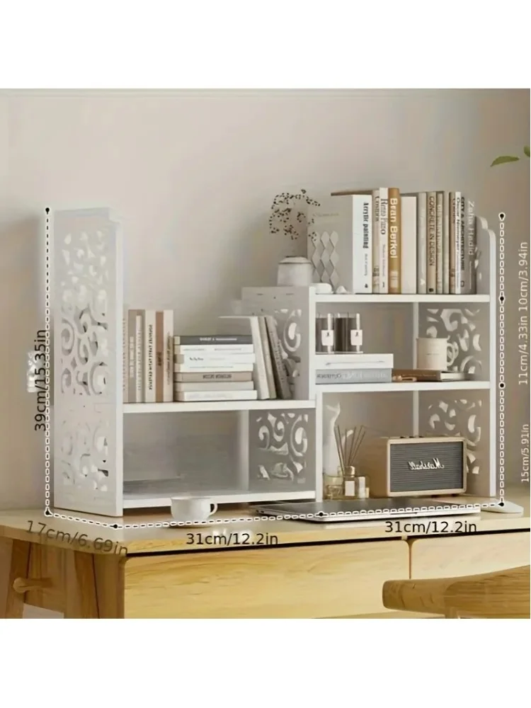 2-stufiges, erweiterbares, verstellbares Desktop-Bücherregal, hohlgeschnitzter Tischorganizer, platzsparender Aufbewahrungs- und Präsentationsständer für Büro, Wohnheim, Studierzimmer, Bücher und