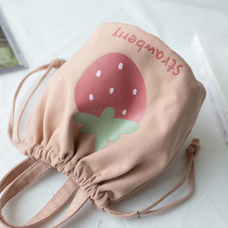 Korean Ins Canvas Drawstring Bucket Bags Cartoon Strawberry Handbag Lunch Bags Students Small Food Bento Cloth Bags Tote Pouch