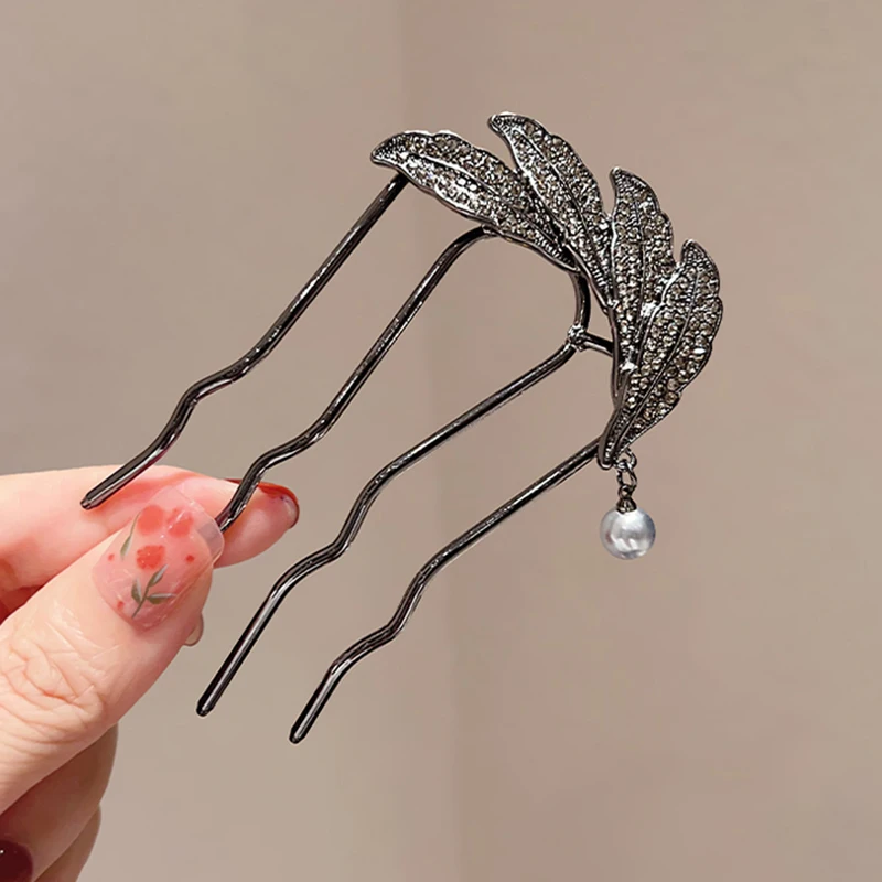 Chinese Antique Style Rhinestone Leaf U-shaped Hair Comb With Pearl Tassel High-end Daily Metal Hairpins for Women