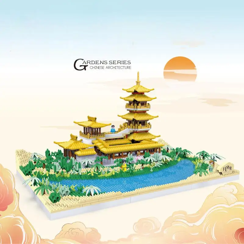 

OUZEY Crescent Moon Spring Micro Particles Building Blocks, 14+ Chinese Style Architecture Model, DIY Creative Desk Decor Gift