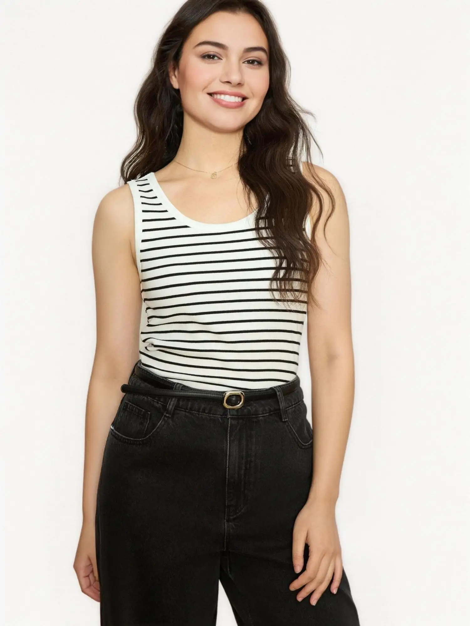 DUSHU Plus Size Women\'s 2025 New Backless Sleeveless Vest Striped Contrasting Color Slimming Camisole Top 25DS81215